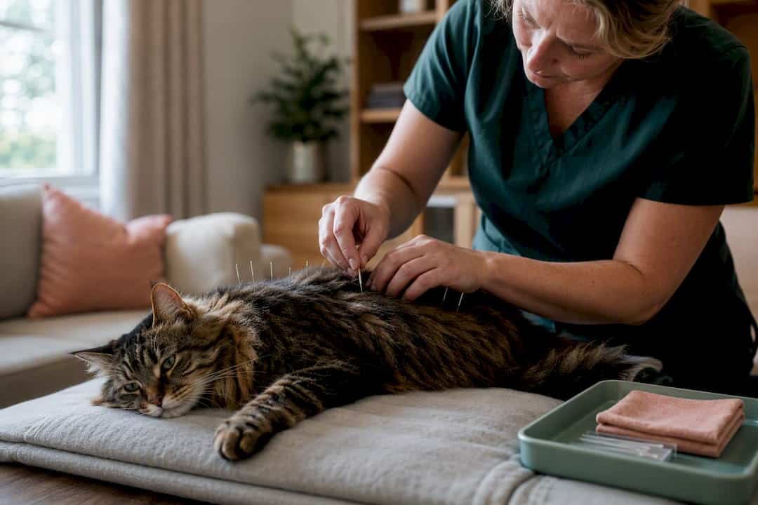 Senior cat receiving acupuncture at home