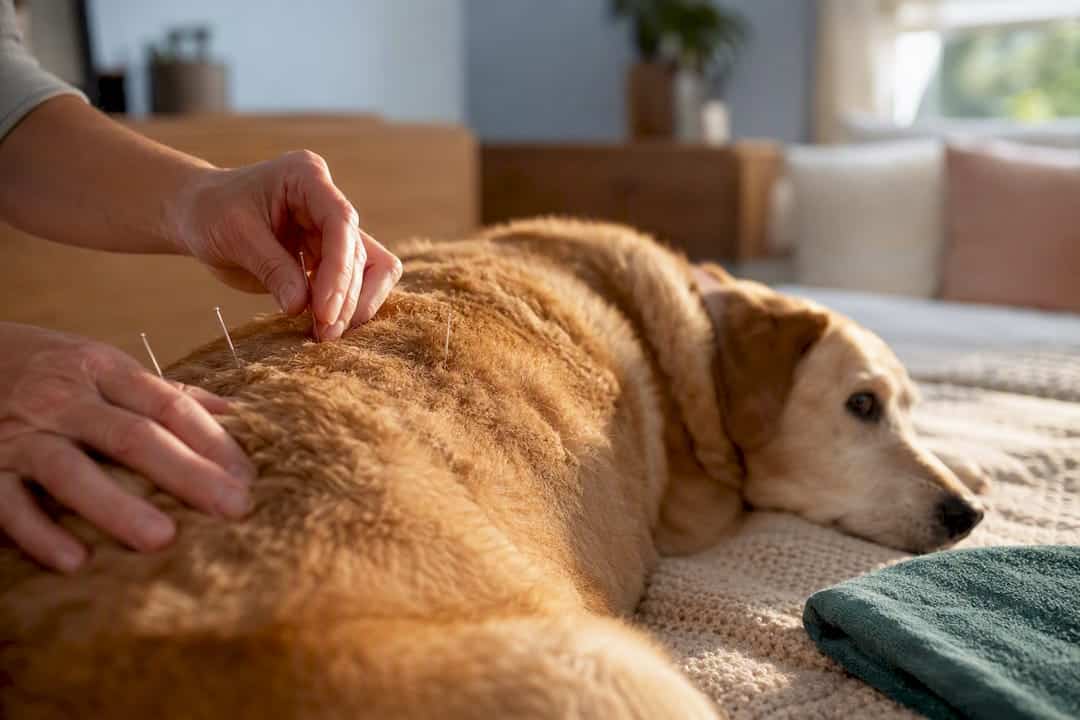 Senior dog receiving lumbar acupuncture treatment
