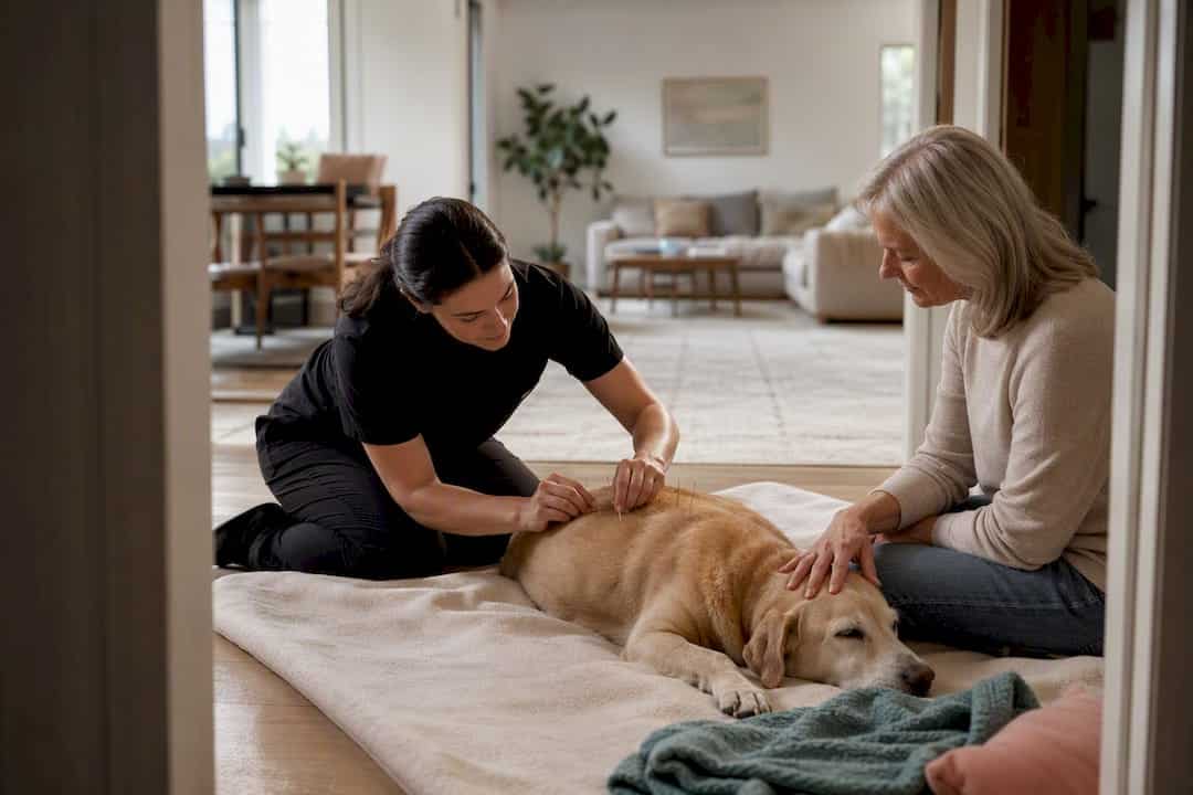 Veterinarian treating senior dog at home