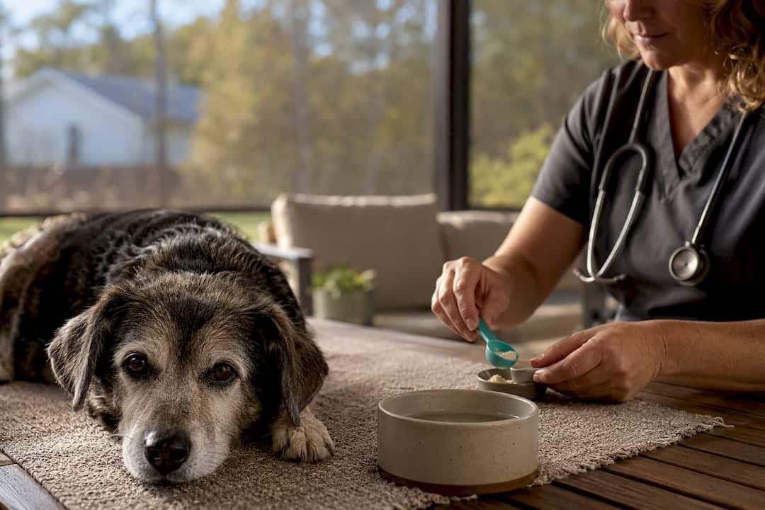 Mobile veterinarian discussing herbal support with senior dog