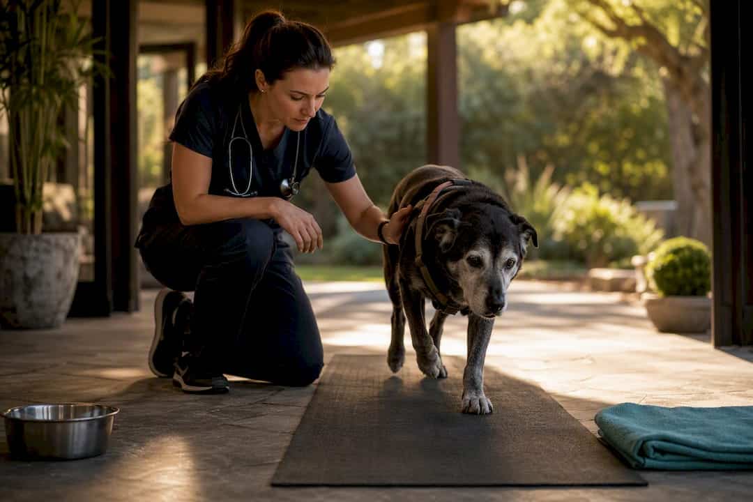 Veterinarian assessing senior dog's home recovery