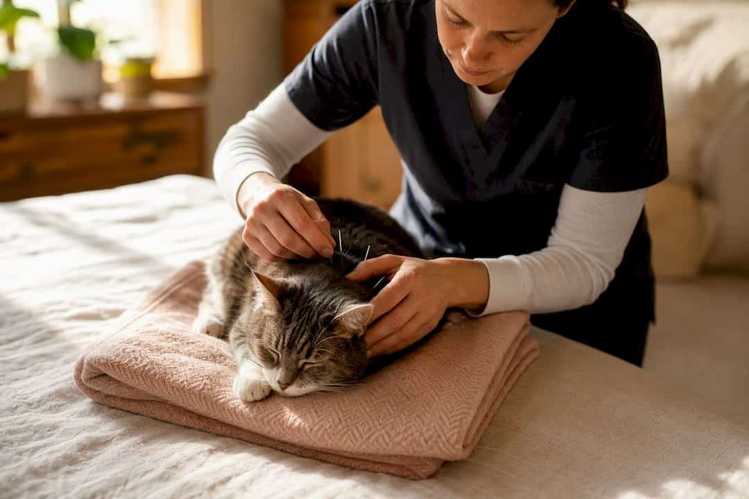 Senior cat receiving acupuncture at home