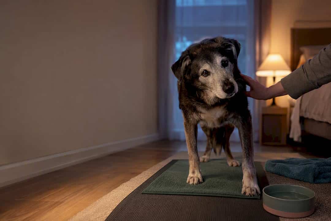 Senior dog standing safely on non-slip mats