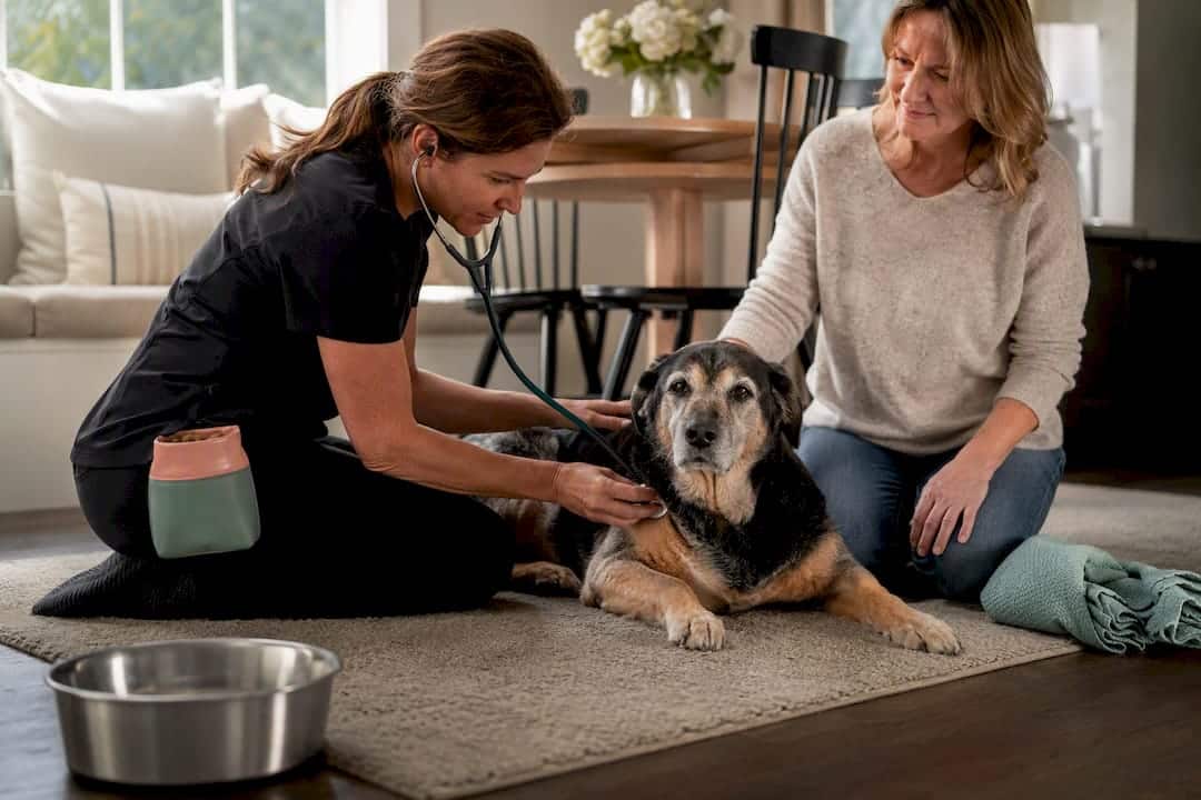 Veterinarian examining relaxed dog at home