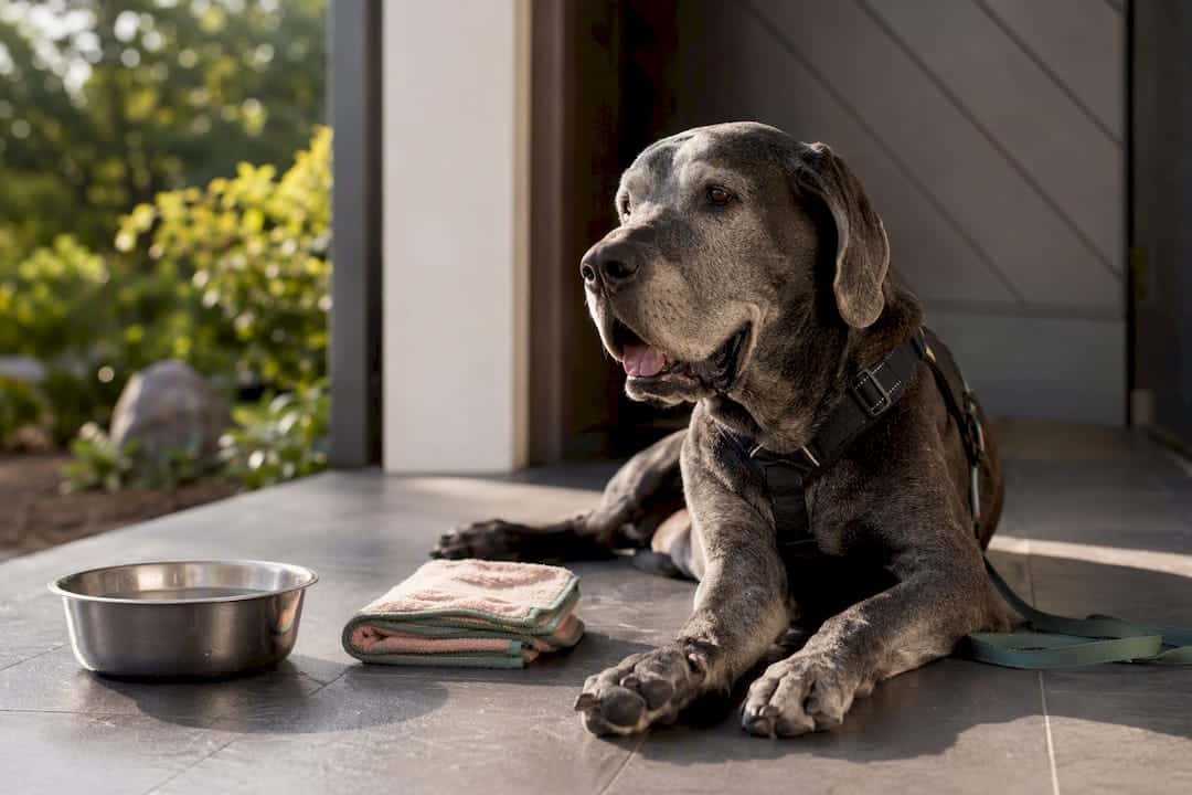 Senior dog resting calmly after a walk
