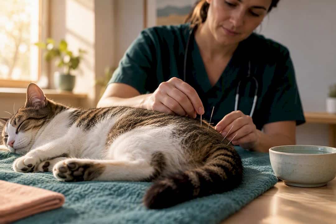 Veterinarian providing acupuncture to relaxed cat
