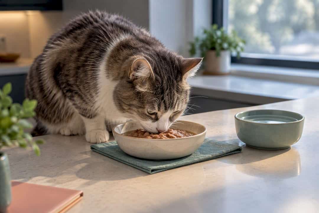 Senior cat eating calmly at home