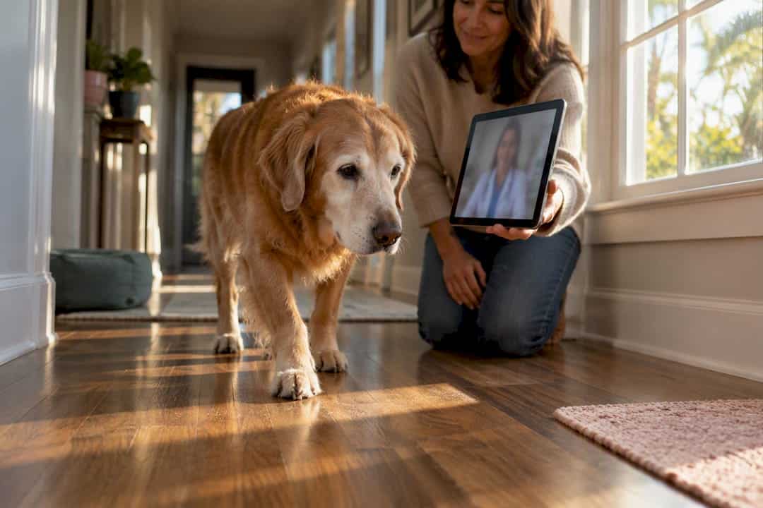 Senior dog during home telemedicine consultation