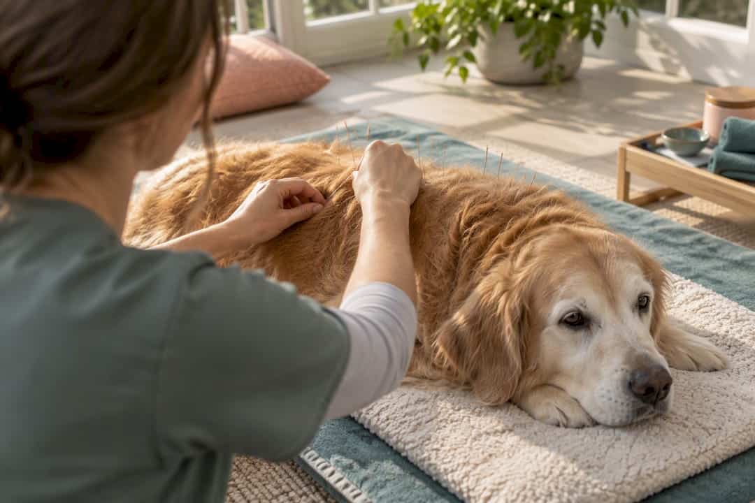 Senior dog receiving acupuncture at home