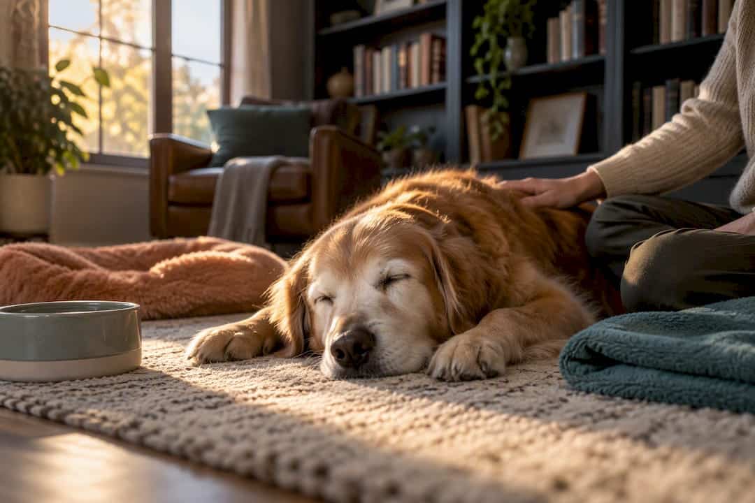 Senior dog resting after acupuncture at home