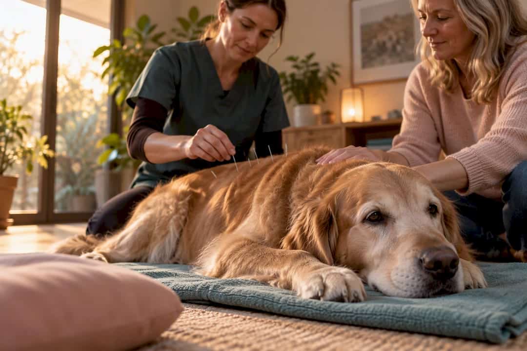 Veterinarian providing acupuncture to senior dog