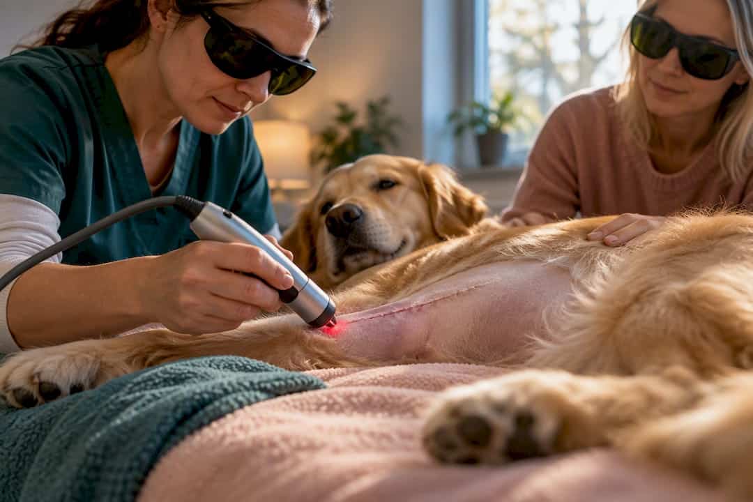 Veterinarian applying laser to dog wound