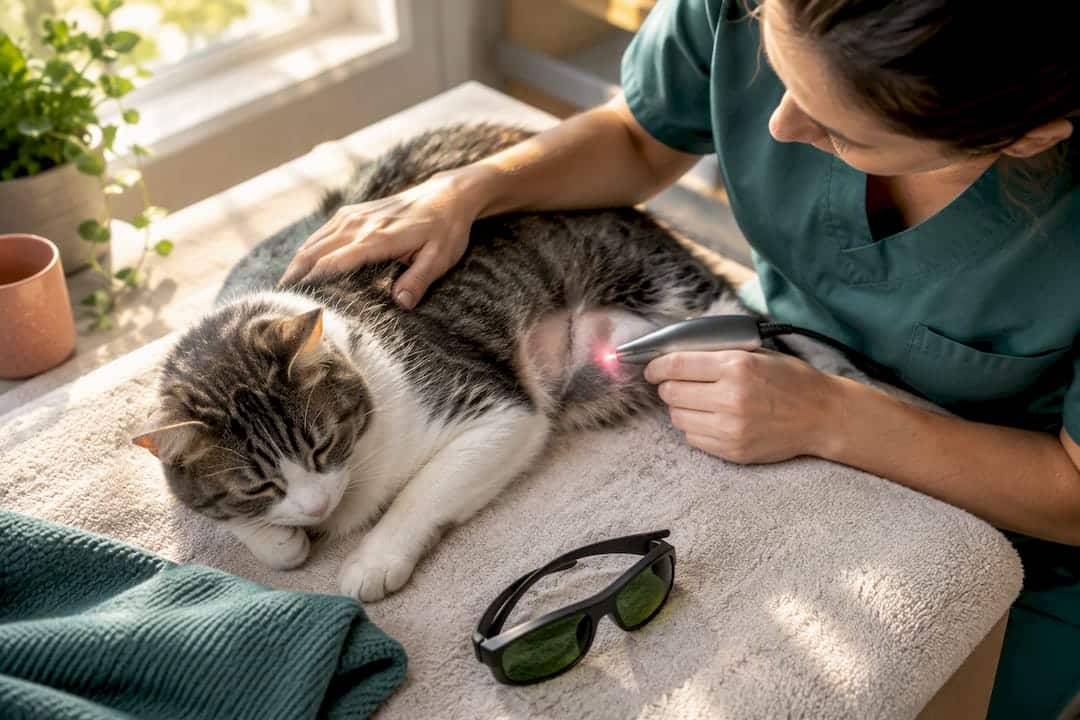 Veterinarian providing laser therapy to recovering cat