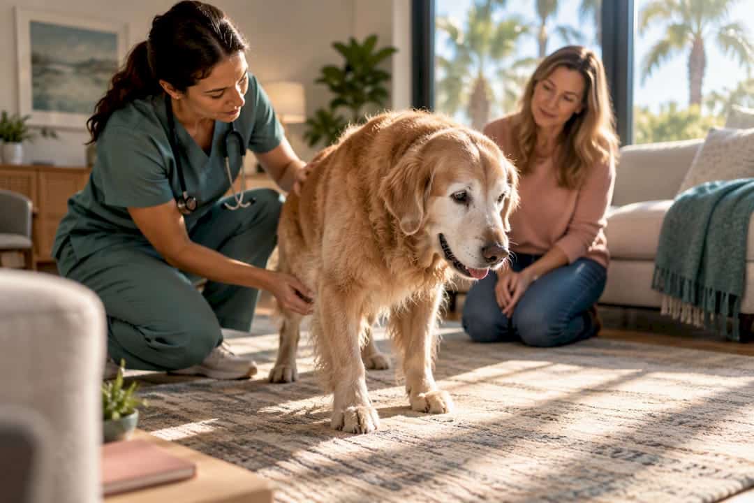 Veterinarian assessing senior dog at home
