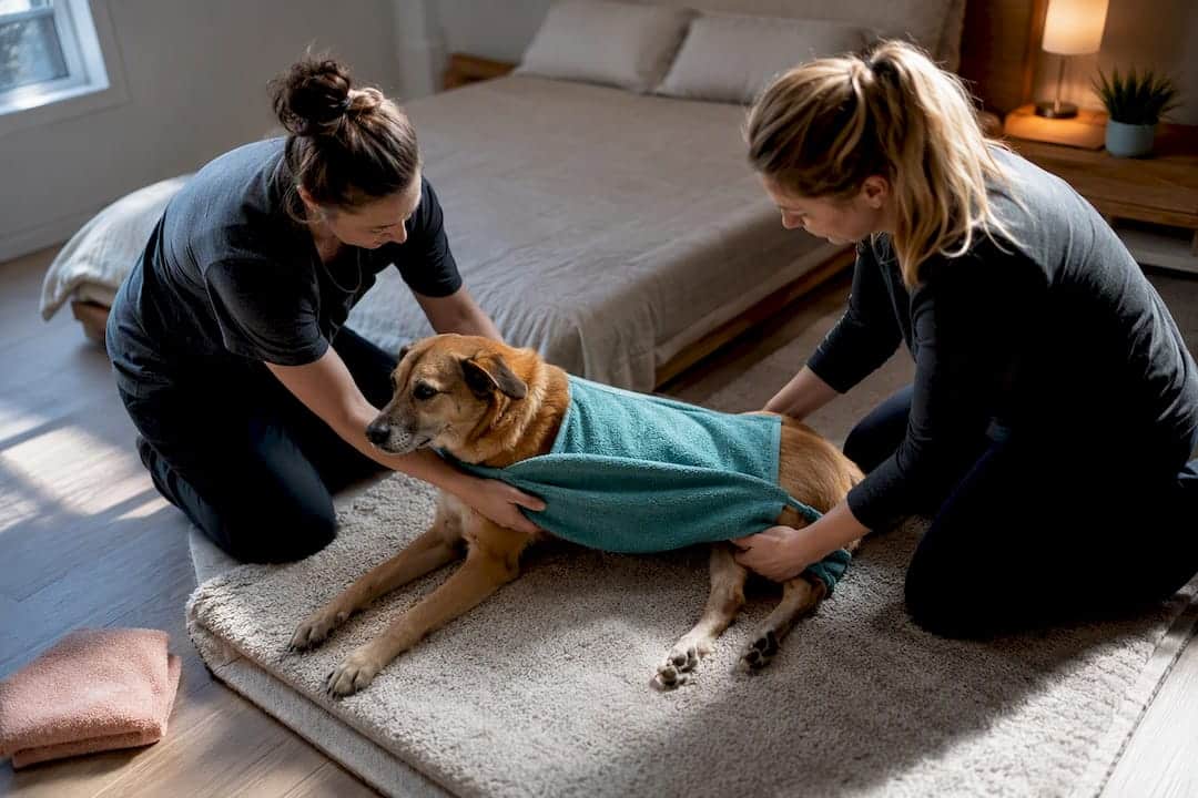 Caregivers supporting paralyzed dog with sling