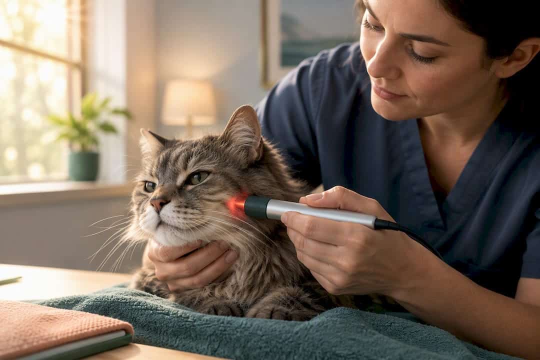 Cat receiving extraoral laser therapy