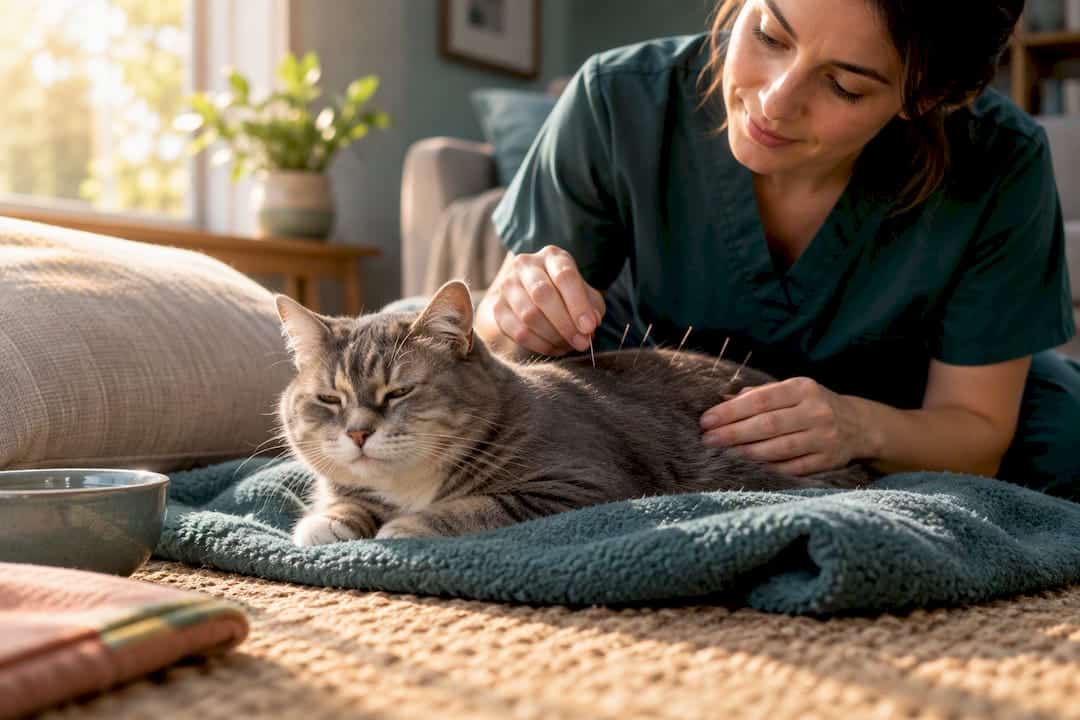 Veterinarian treating senior cat at home
