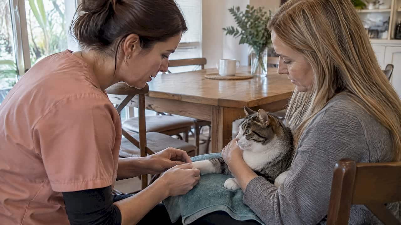 Cat receiving PC6 acupuncture at home