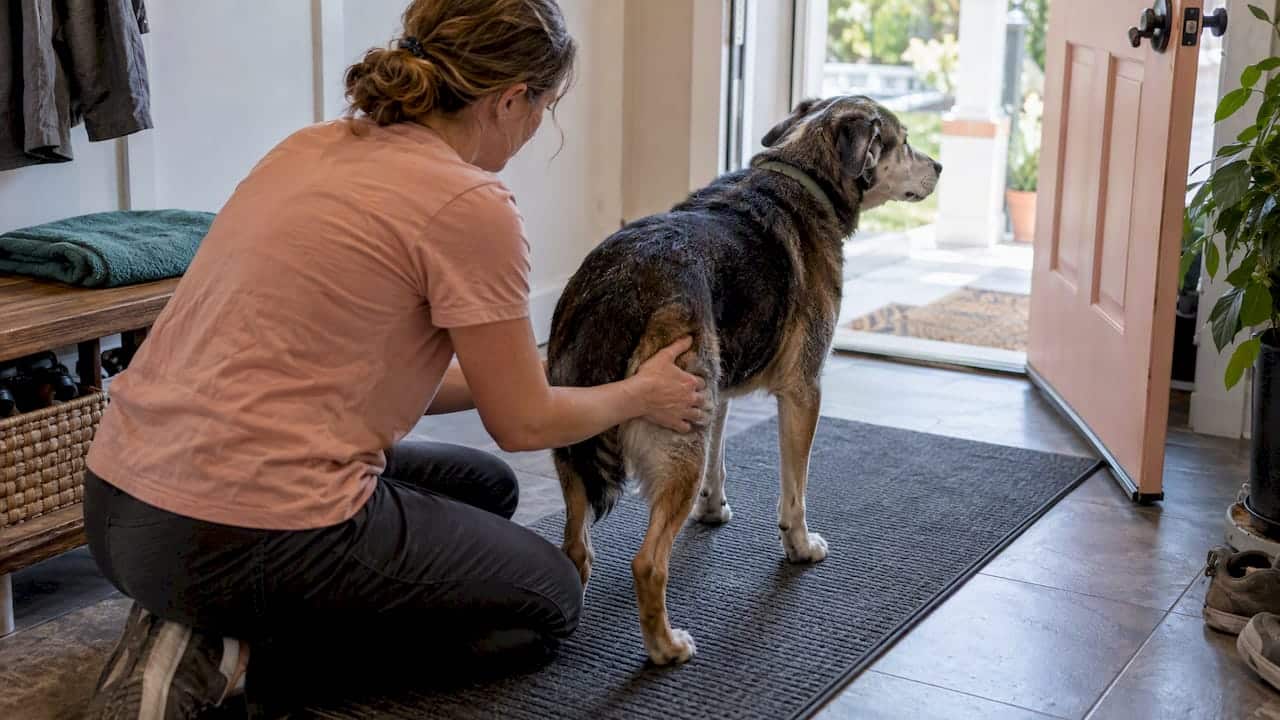 Dog practicing supported standing exercise at home