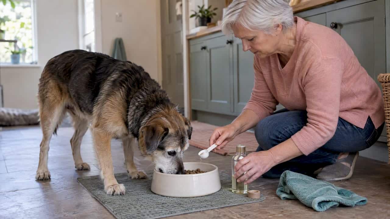 Senior dog eating a measured therapeutic diet