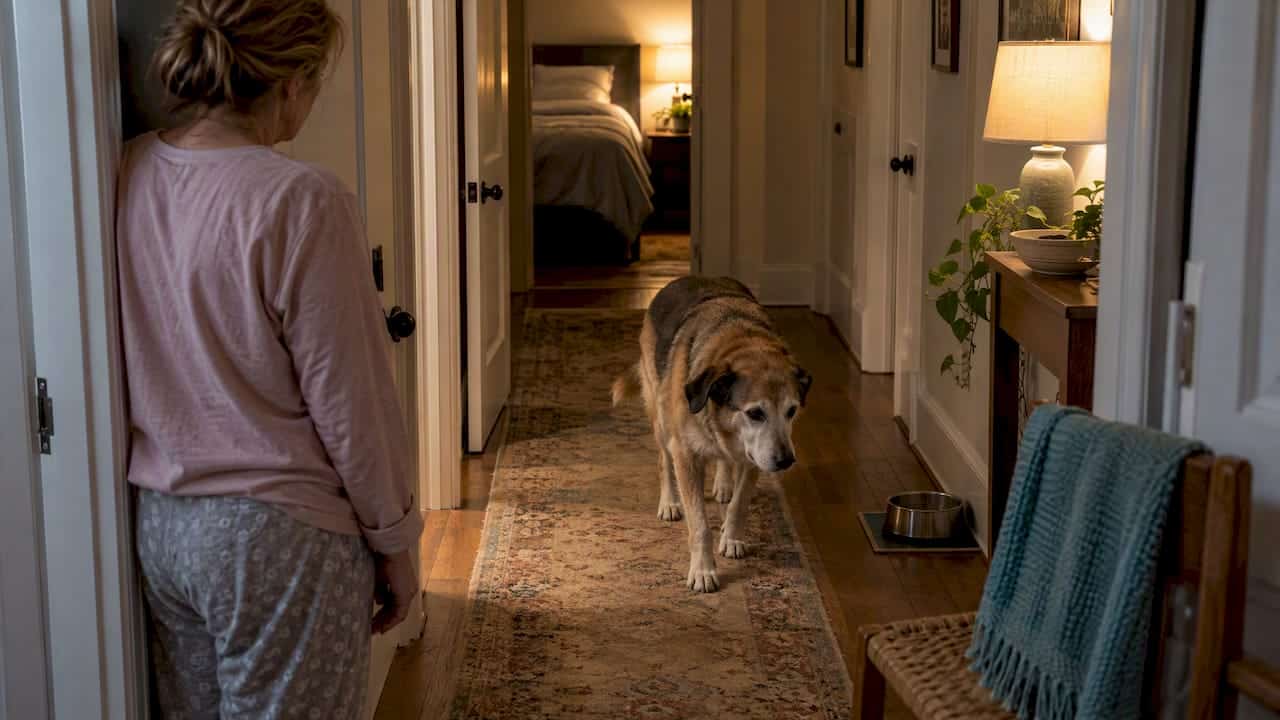 Senior dog pacing through hallway at night