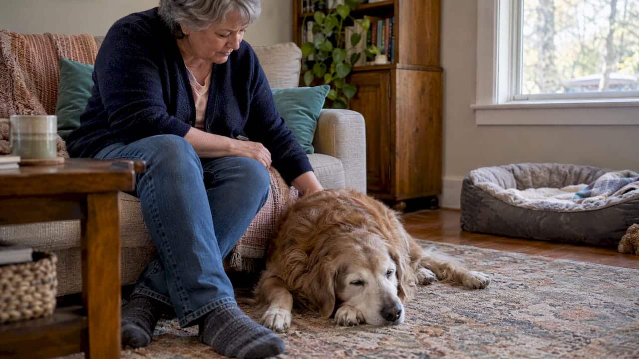 Owner monitoring a sleepy senior dog at home