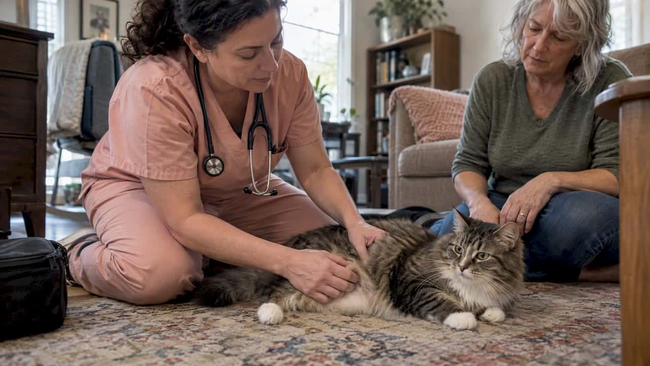 Mobile veterinarian examining a cat at home
