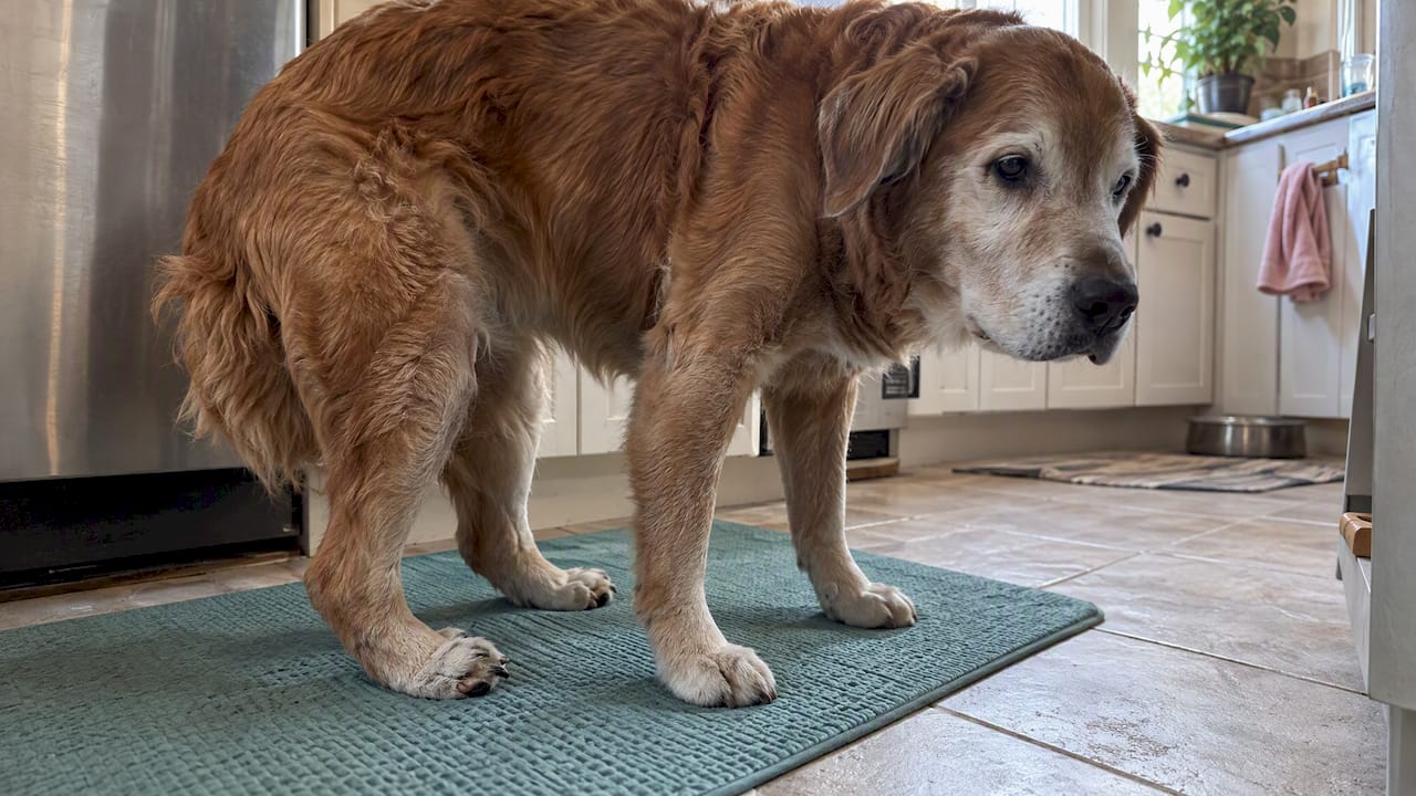 Senior dog standing with a paw turned under
