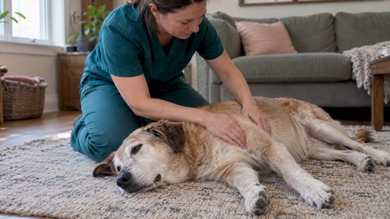 Veterinarian performing myofascial release on dog