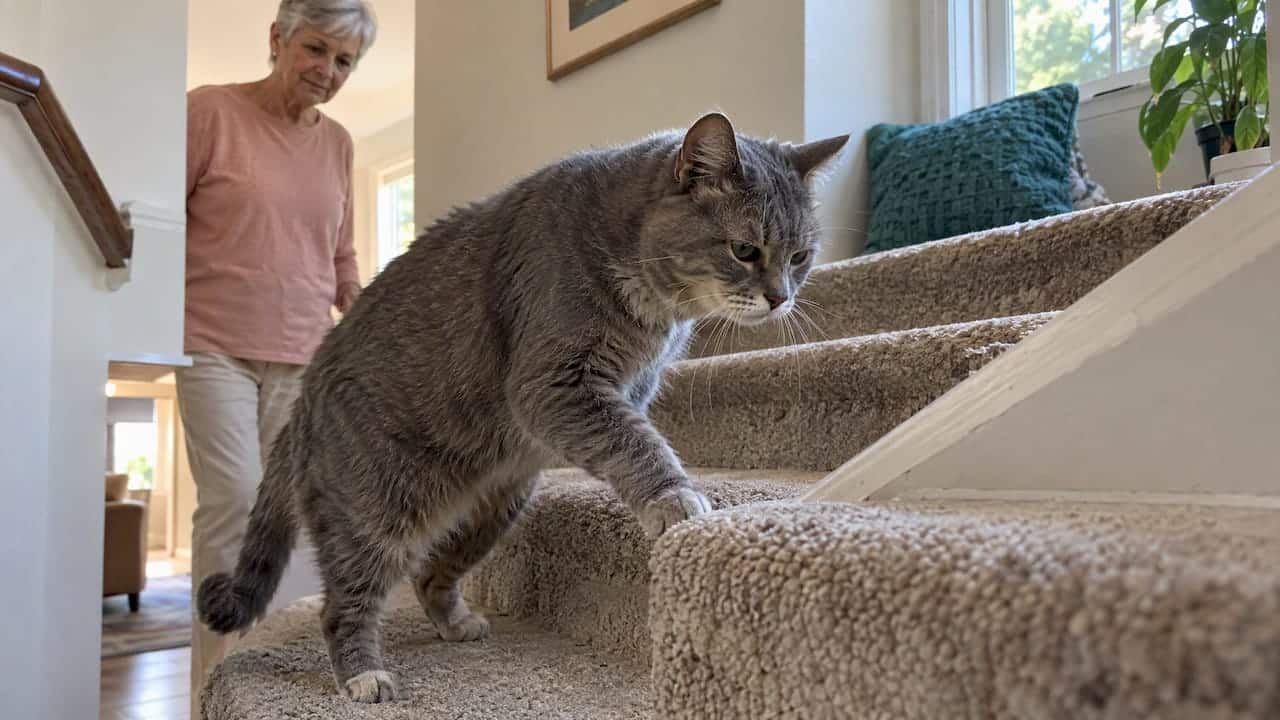 Senior cat climbing stairs at home