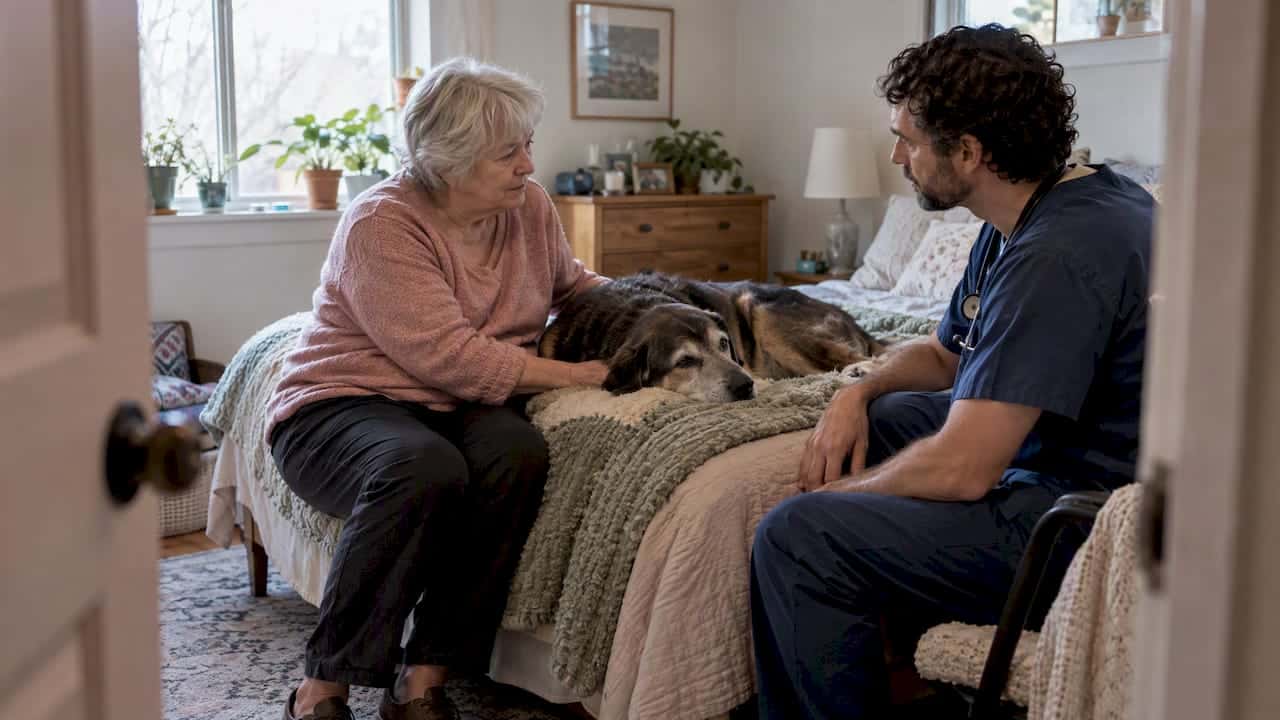 Veterinarian and owner discussing a resting senior dog