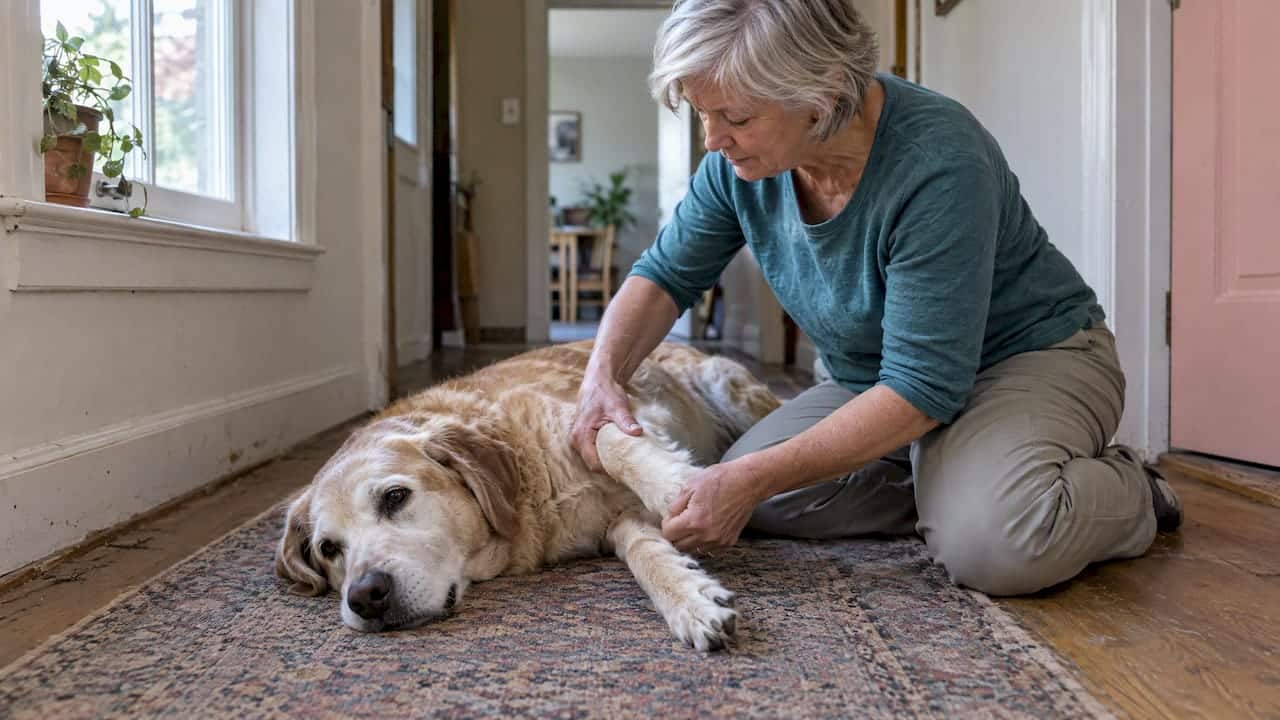 Owner gently moves a senior dog's foreleg