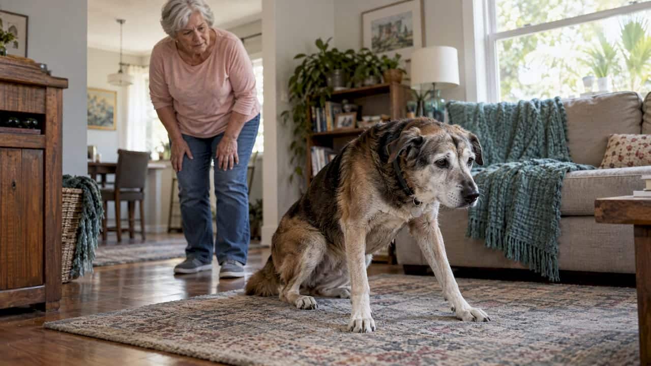 Senior dog hesitates while rising at home