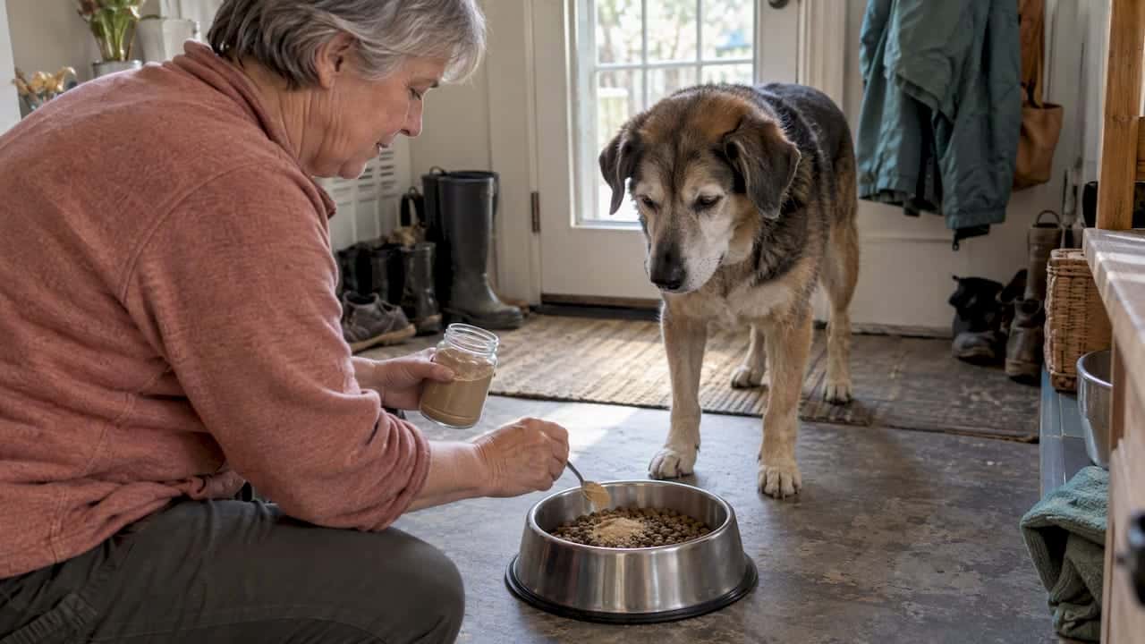 Owner mixing mushroom powder into senior dog's food