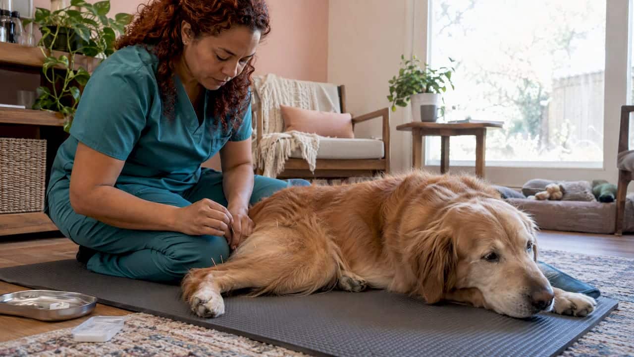 Veterinarian treating a recovering dog with acupuncture