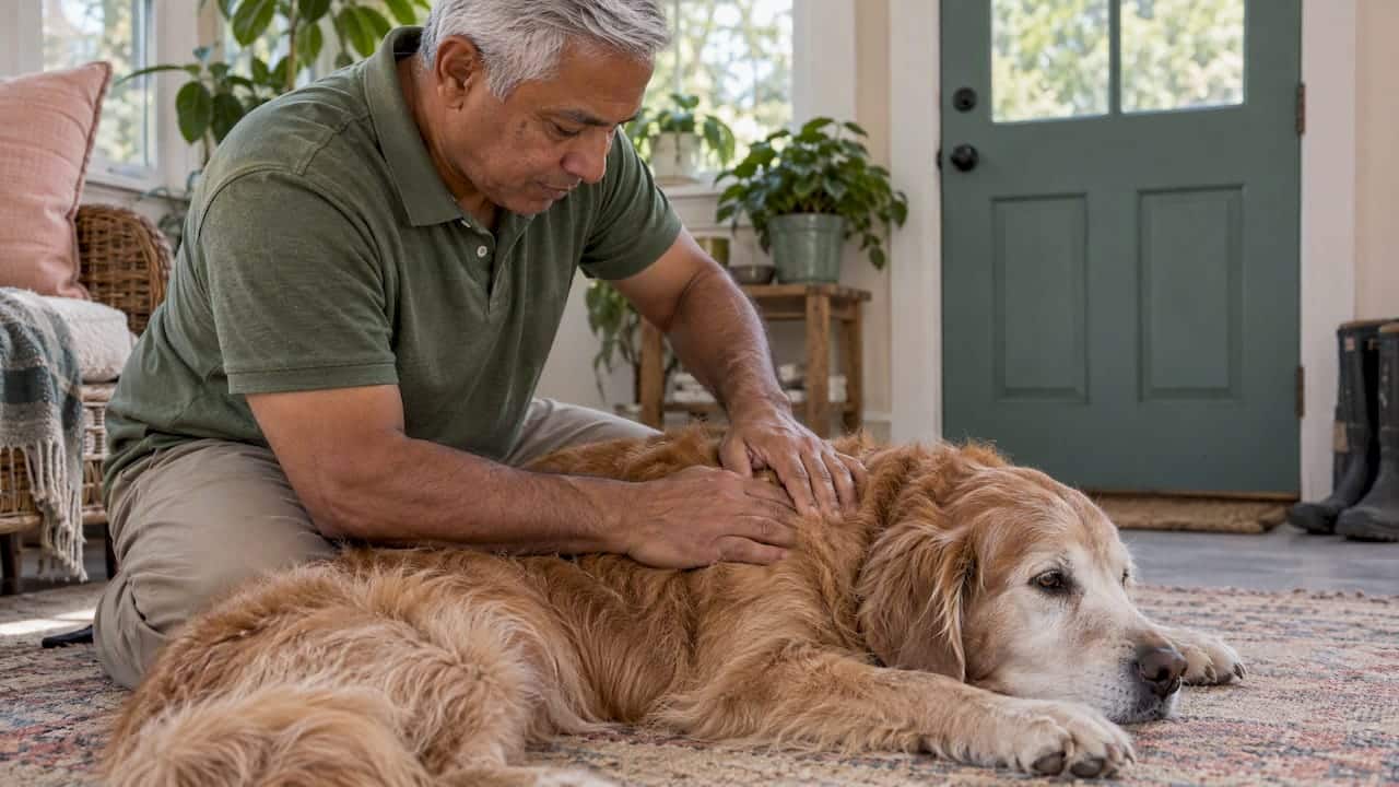 Practitioner gently applying Tui Na to a dog