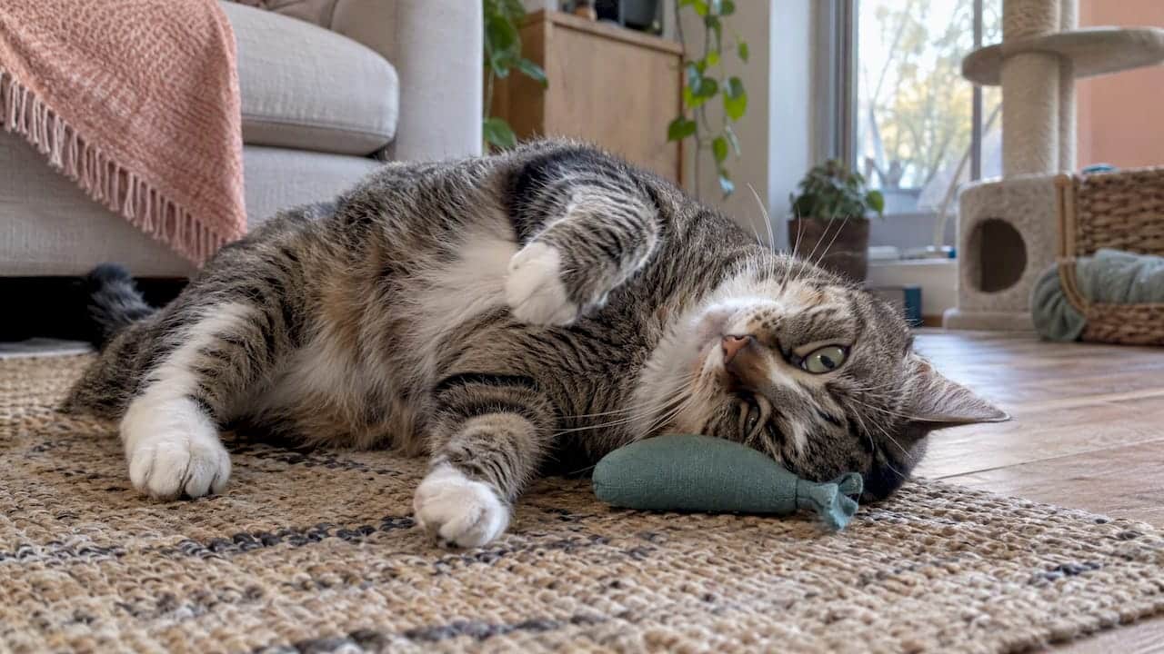 Cat rubbing its cheek against a valerian toy