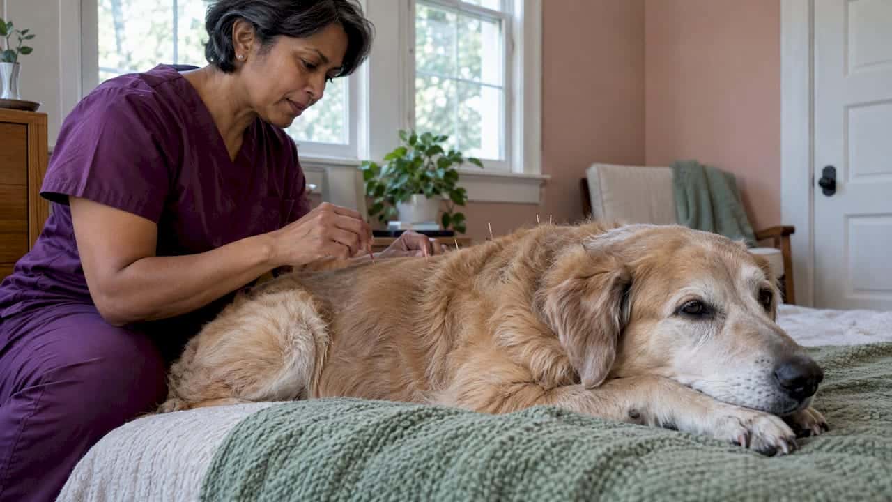 Senior dog receiving acupuncture at home