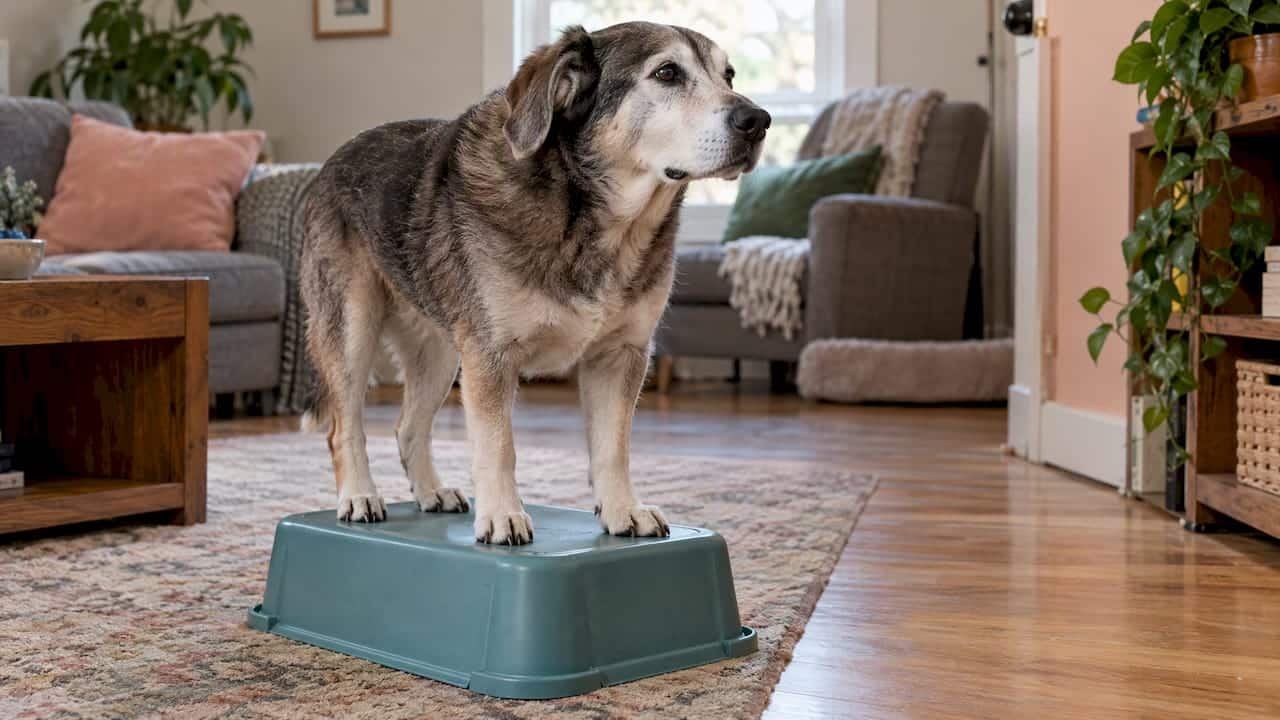 Senior dog standing on a low plastic bin