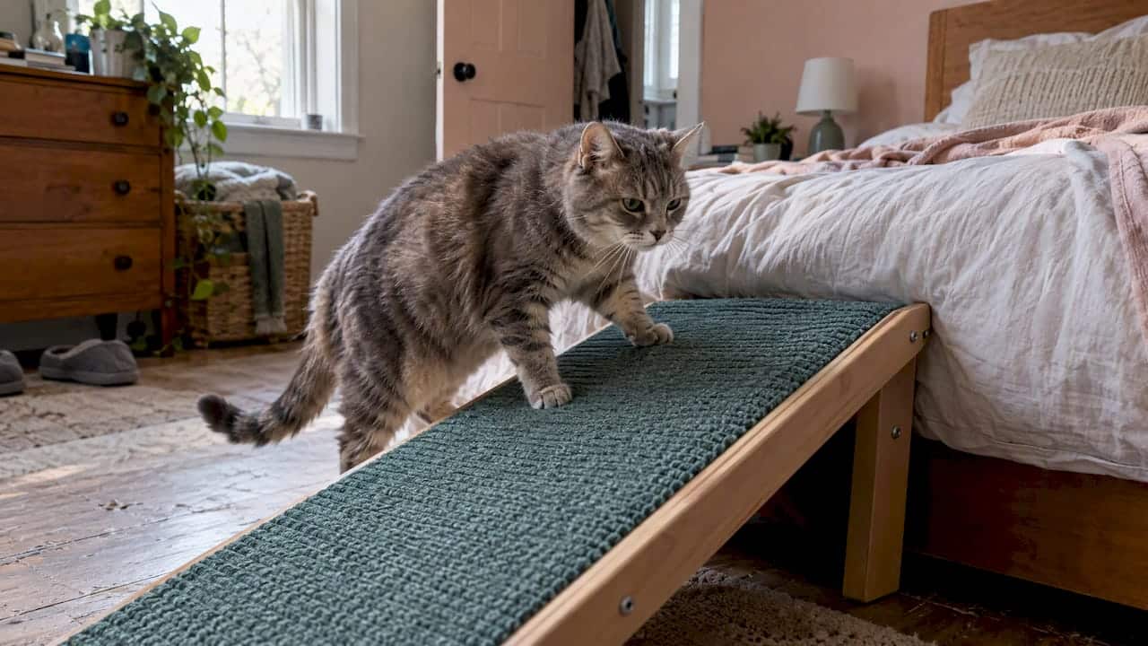 Senior cat using a home access ramp