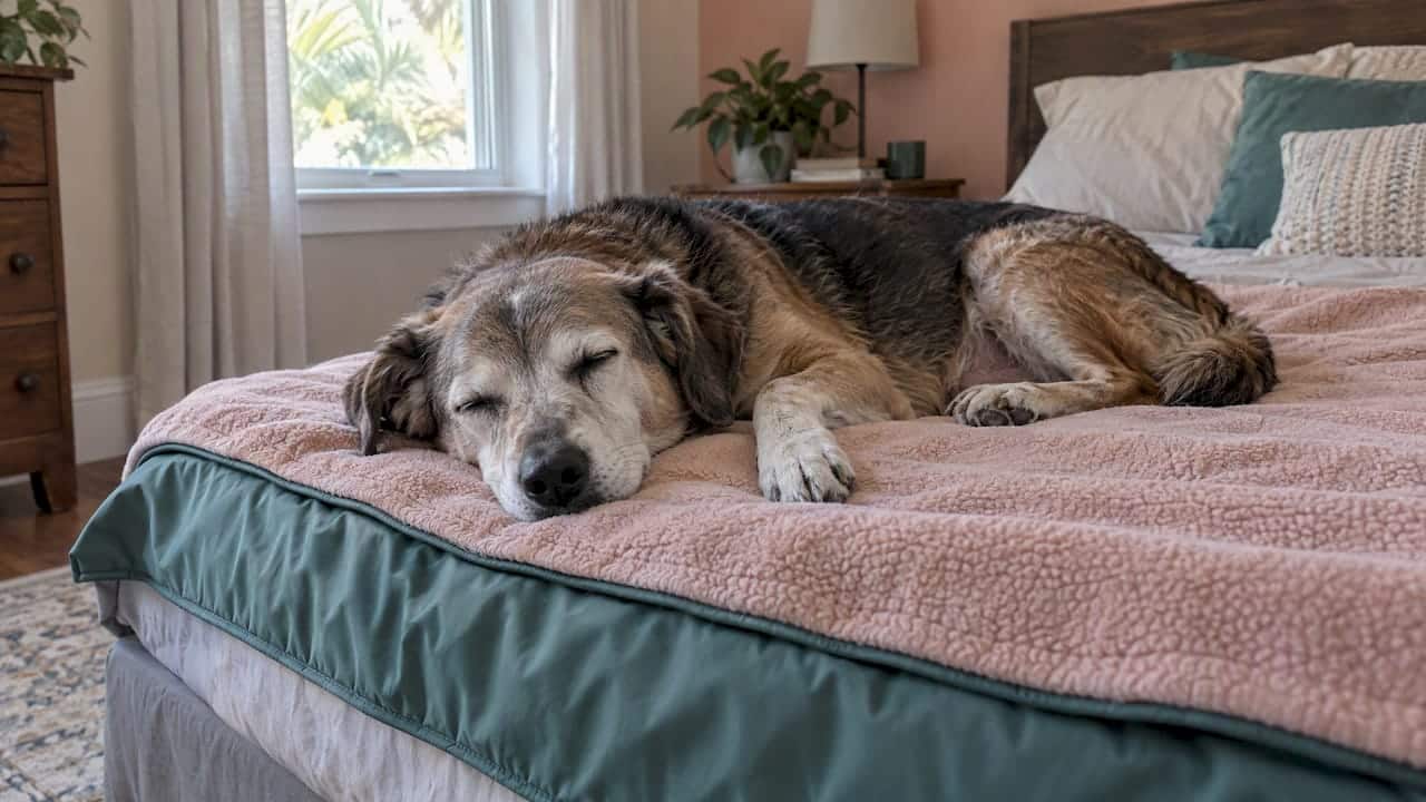 Senior dog resting on layered waterproof bedding