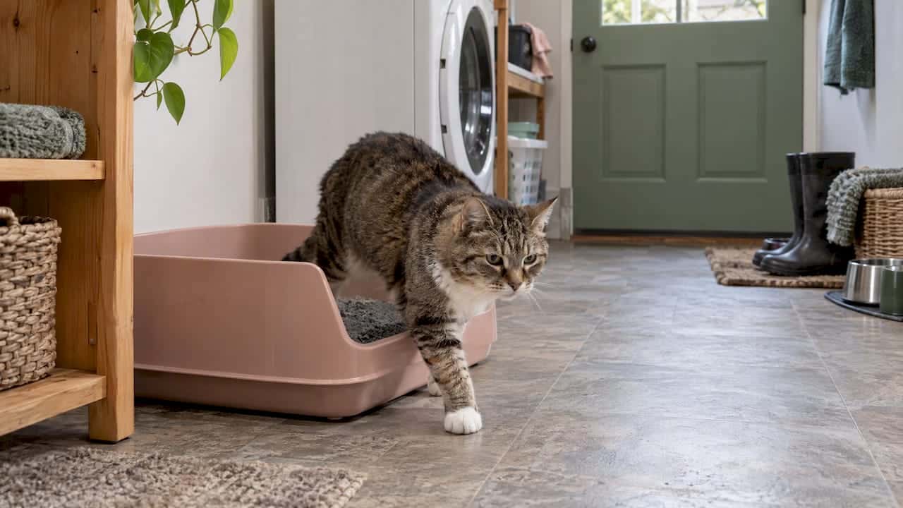 Senior cat entering a low-sided litter box